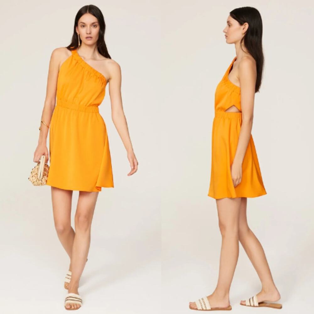 Louna‎ One Shoulder Asymmetric Mini Dress Cutout Orange Satin Womens Size Medium